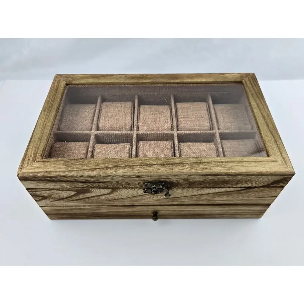 10 Slot Light color Wooden Watch Box with Sliding Jewelry Drawer Ring Clear Top